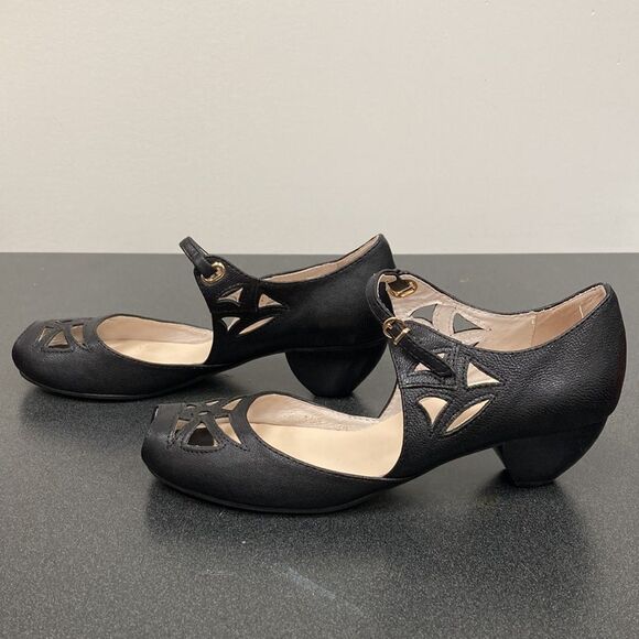 All Black the Brand Anthropologie Black Leather Cut Out Peep Toe Mary Jane Heels - Picture 5 of 12